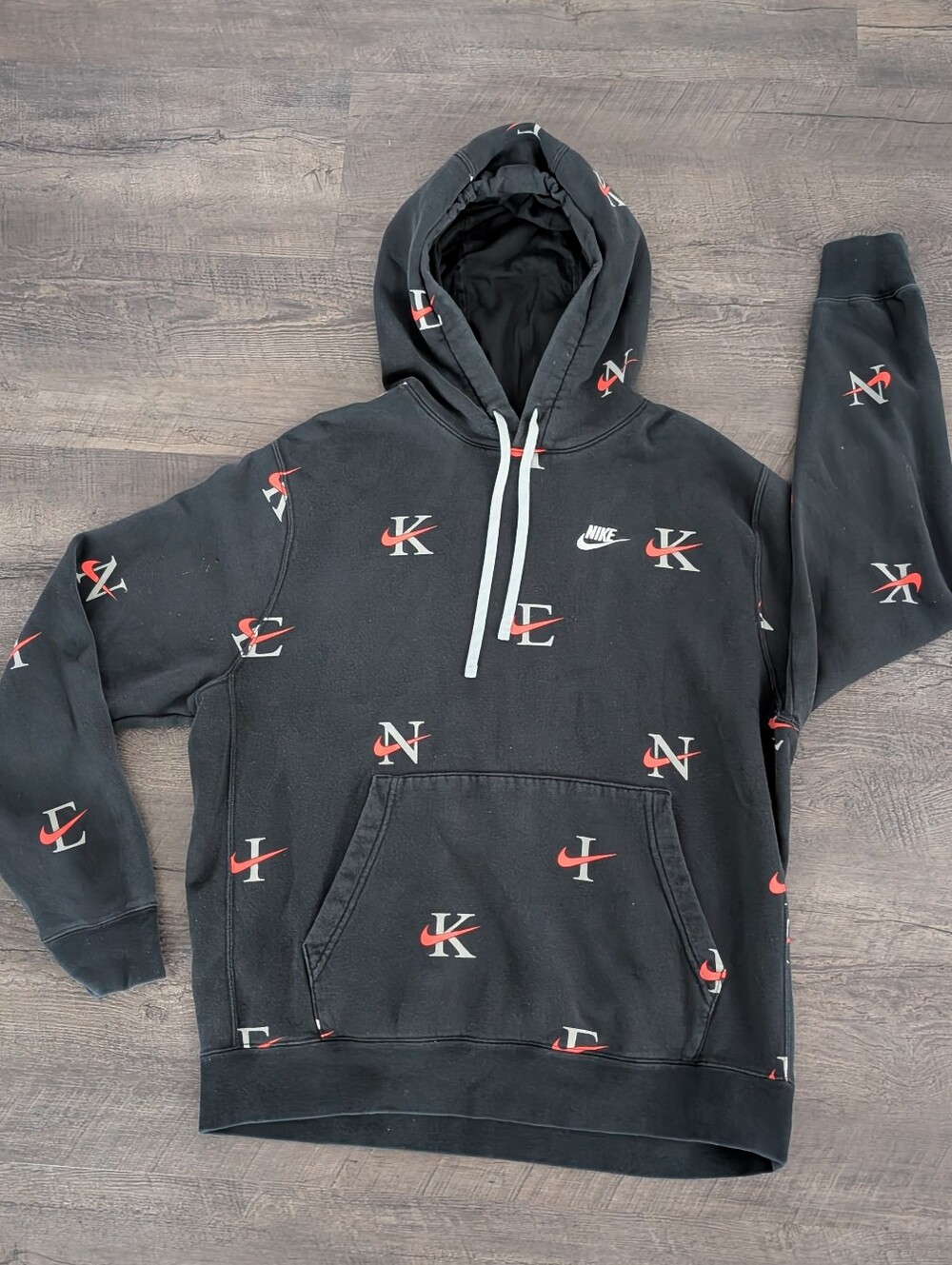 Nike Sweatshirt Hoodie Men's L Black All Over Print Monogram Swoosh Y2K AOP